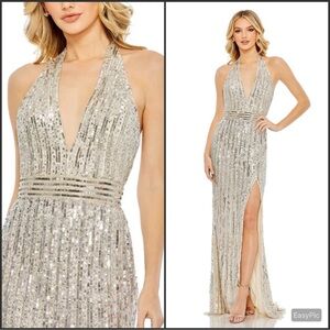 NWT Mac Duggal 5759 Silver Sequin Halter Strap Trumpet Gown Dress 16